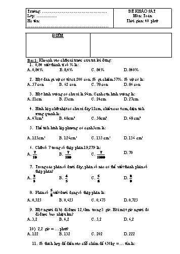 Đề khảo sát môn Toán Lớp 5 (Có đáp án)