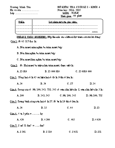 Đề kiểm tra cuối học kì I môn Toán Lớp 4 (Có đáp án)