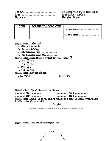 Đề kiểm tra cuối học kì II môn Toán Khối 2 (Có đáp án)