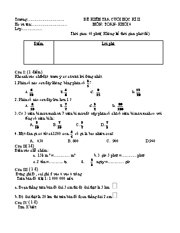 Đề kiểm tra cuối học kì II môn Toán Khối 4 (Có đáp án)