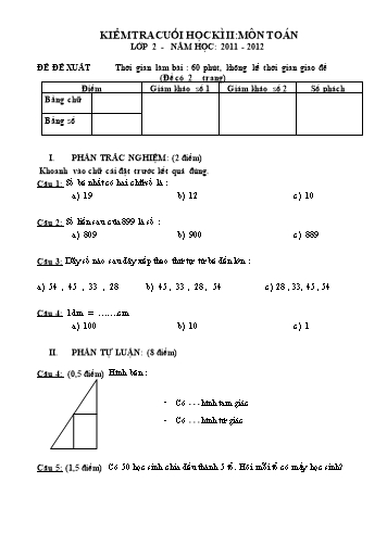 Đề kiểm tra cuối học kì II môn Toán Lớp 2 (Có đáp án)