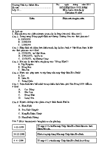 Đề kiểm tra cuối năm Khối 5 môn Lịch sử-Địa lí (Có đáp án) - Trường Tiểu học Minh Hòa