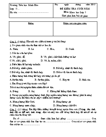 Đề kiểm tra cuối năm Lớp 5 môn Khoa học (Có đáp án) - Trường Tiểu học Minh Hòa