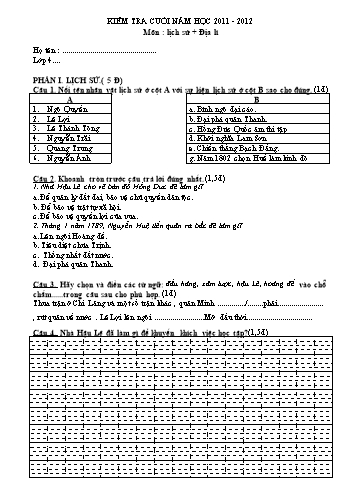 Đề kiểm tra cuối năm môn Địa lí-Lịch sử Lớp 4 (Có đáp án)