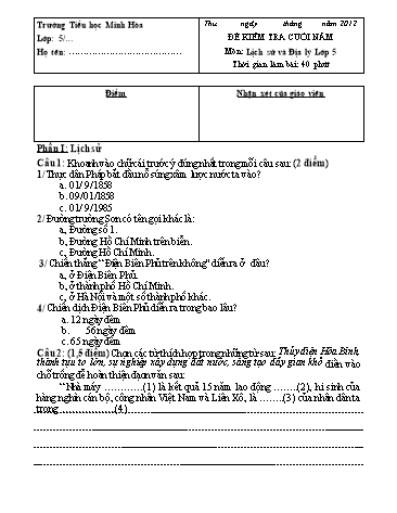 Đề kiểm tra cuối năm môn Lịch sử-Địa lí Khối 5 (Có đáp án)