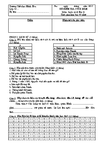 Đề kiểm tra cuối năm môn Sử-Địa Lớp 4 (Có đáp án) - Trường Tiểu học Minh Hòa