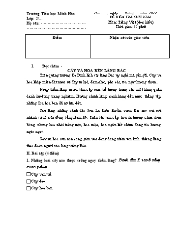 Đề kiểm tra cuối năm môn Tiếng Việt (đọc hiểu) Lớp 2 (Có đáp án) - Trường Tiểu học Minh Hòa