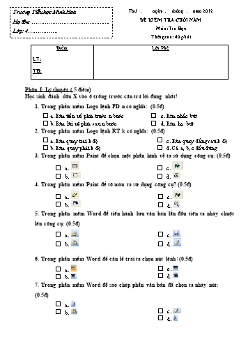 Đề kiểm tra cuối năm môn Tin học Lớp 4 (Có đáp án) - Trường Tiểu học Minh Hòa