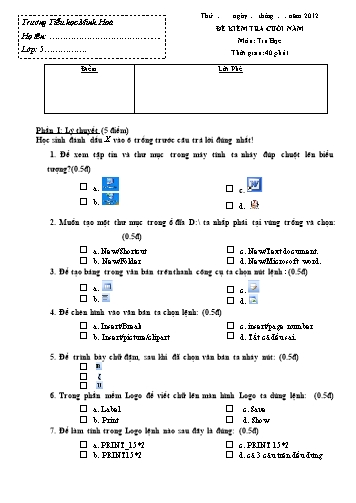 Đề kiểm tra cuối năm môn Tin học Lớp 5 (Có đáp án) - Trường Tiểu học Minh Hòa