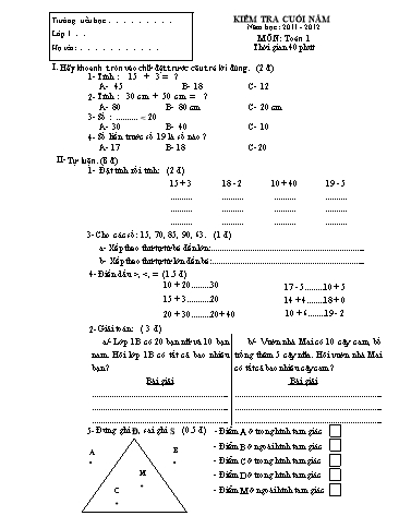 Đề kiểm tra cuối năm môn Toán Lớp 1 (Có đáp án)