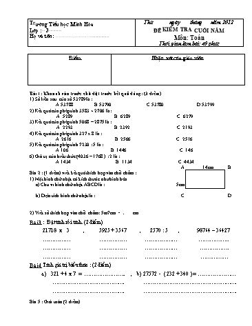 Đề kiểm tra cuối năm môn Toán Lớp 3 (Có đáp án) - Trường Tiểu học Minh Hòa