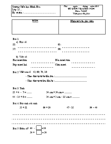 Đề kiểm tra cuối năm môn Toán + Tiếng việt Lớp 1 - Trường Tiểu học Minh Hòa