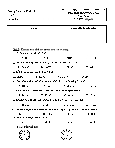 Đề kiểm tra cuối năm môn Toán + Tiếng Việt Lớp 3 (Có đáp án)