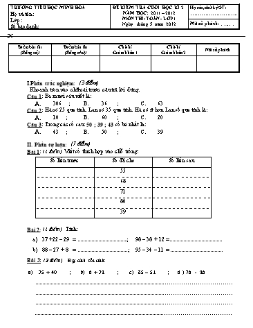 Đề kiểm tra học kì 2 môn Toán Lớp 1 (Có đáp án) - Trường Tiểu học Minh Hòa