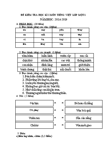 Đề kiểm tra học kì I môn Tiếng Việt Lớp 1 (Có đáp án)