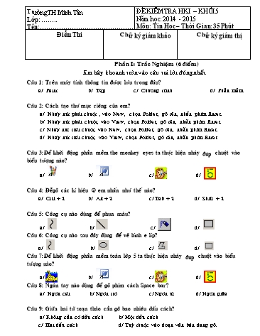 Đề kiểm tra học kì I môn Tin học Khối 5 (Có đáp án)