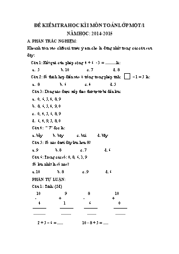 Đề kiểm tra học kì môn Toán Lớp 1 (Có đáp án)