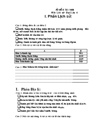 Đề kiểm tra kì II môn Địa lí-Lịch sử Lớp 4 (Có đáp án)