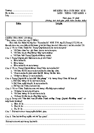 Đề kiểm tra môn Tiếng Việt Lớp 4 cuối học kì II (Có đáp án)