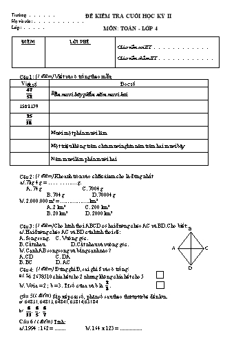 Đề kiểm tra môn Toán Khối 4 cuối học kì II (Có đáp án)
