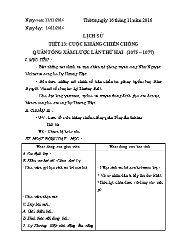 Giáo án môn Lịch sử Lớp 4 - Tiết 13 - Bài: Cuộc kháng chiến chống quân Tống xâm lược lần thứ hai (1075-1077)