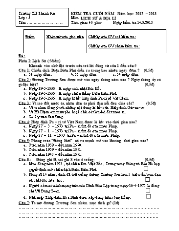 Đề kiểm tra cuối năm môn Lịch sử & Địa lí Lớp 5 (Có đáp án) - Trường Tiểu học Thanh An