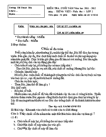 Đề kiểm tra cuối năm môn Tiếng việt Lớp 2 - Trường Tiểu học Thanh Tân Đề kiểm tra cuối năm môn Tiếng việt Lớp 2 - Trường Tiểu học Thanh Tân