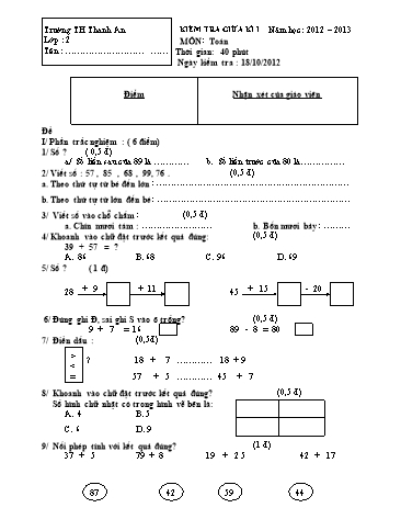Đề kiểm tra giữa kì I môn Toán Lớp 2 (Có đáp án) - Trường Tiểu học Thanh An Đề kiểm tra giữa kì I môn Toán Lớp 2 (Có đáp án) - Trường Tiểu học Thanh An