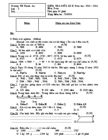 Đề kiểm tra giữa kì II môn Toán Lớp 3 (Có đáp án) - Trưởng Tiểu học Thanh An Đề kiểm tra giữa kì II môn Toán Lớp 3 (Có đáp án) - Trưởng Tiểu học Thanh An
