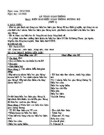 Giáo án An toàn giao thông Lớp 5 - Bài: Biển báo hiệu giao thông đường bộ (Tiết 1) - Năm học 2018-2019 - Bùi Thị Hiền