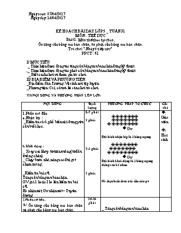 Giáo án môn Thể dục Lớp 5 - Tuần 31 - Bài 61: Môn thể thao tự chọn. Ôn tâng cầu bằng mu bàn chân, ôn phát cầu bằng mu bàn chân. Trò chơi “Nhảy ô tiếp sức” - Năm học 2016-2017 - Lương Quốc Tiến