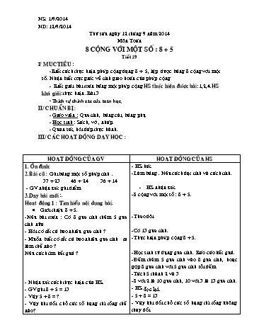 Giáo án môn Toán Lớp 2 - Tiết 19 - Bài: 8 cộng với một số: 8+5 - Năm học 2014-2015
