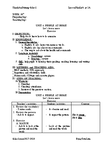 Giáo án Tiếng anh Lớp 3 - Tuần 30 - Unit 4: People at home. Let’s learn more