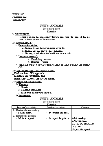 Giáo án Tiếng anh Lớp 4 - Tuần 30 - Unit 8: Animals