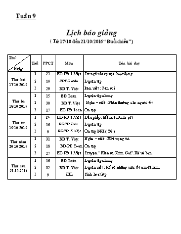 Giáo án tổng hợp các môn Lớp 2 - Tuần 9 - Năm học 2016-2017