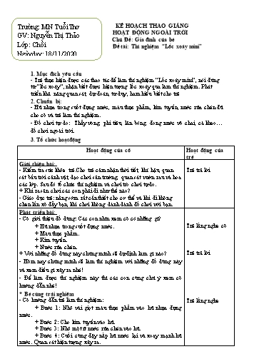 Giáo án mầm non Lớp Chồi - Chủ Đề: Gia đình của bé - Đề tài: Thí nghiệm “Lốc xoáy mini” - Năm học 2020-2021 - Nguyễn Thị Thảo - Trường mầm non Tuổi Thơ