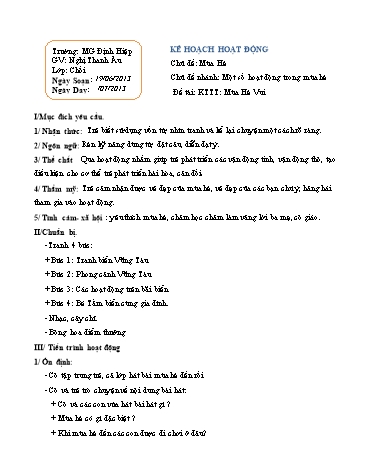 Giáo án mầm non Lớp Chồi - Chủ đề: Một số hoạt động trong mùa hè - Đề tài: Mùa Hè Vui - Nghị Thanh Âu
