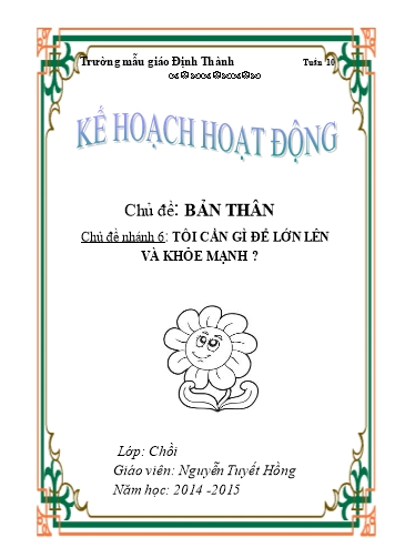 Giáo án mầm non Lớp Chồi - Tuần 10 - Chủ đề: Bản Thân. Tôi cần gì để lớn lên và khỏe mạnh? - Năm học 2014-2015 - Nguyễn Tuyết Hồng