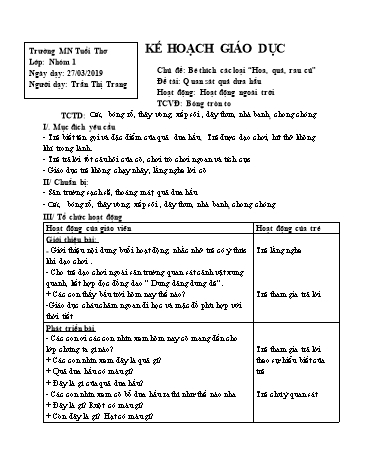Giáo án mầm non Lớp Lá - Chủ đề: Bé thích các loại “Hoa, quả, rau củ” - Đề tài: Quan sát quả dưa hấu - Năm học 2018-2019 - Trần Thị Trang - Trường mầm non Tuổi Thơ