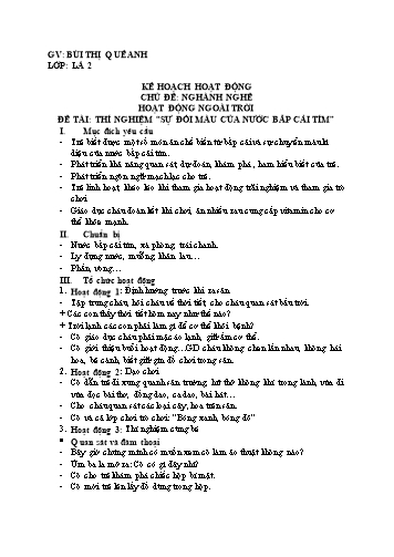 Giáo án mầm non Lớp Lá - Chủ đề: Ngành nghề - Đề tài: Thí nghiệm  sự đổi màu của nước bắp cải tím - Bùi Thị Quế Anh