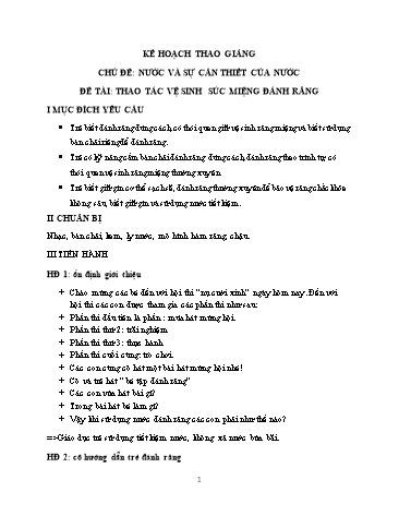 Giáo án mầm non Lớp Lá - Chủ đề: Nước và sự cần thiết của nước - Đề tài: Thao tác vệ sinh súc miệng đánh răng - Phan Thị Thúy An