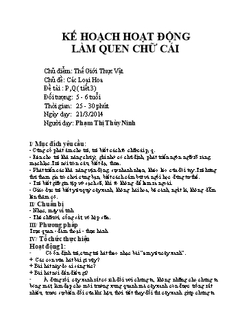 Giáo án mầm non Lớp Lá - Chủ điểm: Thế giới thực vật - Chủ đề: Các loại hoa - Phạm Thị Thùy Ninh