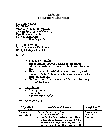 Giáo án mầm non Lớp Lá - Giáo dục âm nhạc - Đề tài: Hát: “Tổ ấm”. Vận động: Vỗ tay theo tiết tấu chậm. Trò Chơi Âm Nhạc : Gia đình vui nhộn