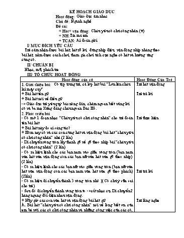 Giáo án mầm non Lớp Lá - Hoạt động: Giáo dục âm nhạc - Chủ đề: Ngành nghề - Đề tài: Hát+ vận động: Cháu yêu cô chú công nhân (tt)