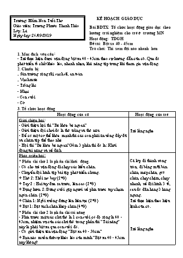 Giáo án mầm non Lớp Lá - Hoạt động: Giáo dục thể chất - Đề tài: Bật xa 40-45cm. Trò chơi: Thi xem đội nào nhanh hơn - Năm học 2019-2020 - Trương Phước Thanh Thảo - Trương mầm non Tuổi Thơ