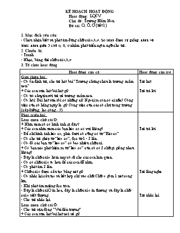 Giáo án mầm non Lớp Lá - Hoạt động: Làm quen chữ viết - Đề tài: O, Ô, Ơ (tiết 1)