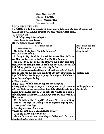 Giáo án mầm non Lớp Lá - Hoạt động: Làm quen văn học - Đề tài: Giấc mơ kì lạ