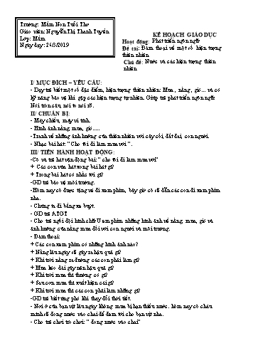 Giáo án mầm non Lớp Lá - Hoạt động: Phát triển ngôn ngữ - Đề tài: Đàm thoại về một số hiện tượng thiên nhiên - Năm học 2018-2019 - Nguyễn Thị Thanh Tuyền - Trương mầm non Tuổi Thơ