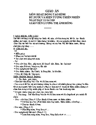 Giáo án mầm non Lớp Lá - Hoạt động tạo hình - Đề tài: Nước và hiện tượng thiên nhiên - Lương Thị Ánh Hồng