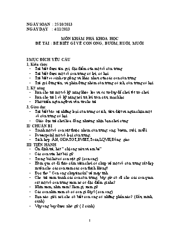 Giáo án mầm non Lớp Lá - Khám phá khoa học - Đề tài: Bé biết gì về con ong, bướm, ruồi, muỗi
